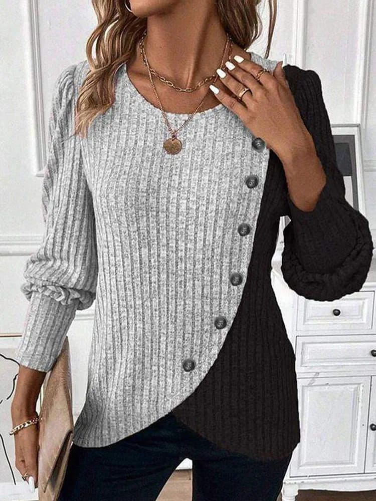 Suéter de mujer para otoño, manga larga con botones y diseño a rayas.